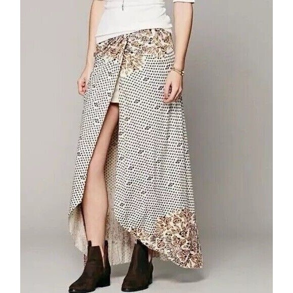 Free People‎ Skirt Womens Medium Column Print Maxi Cream Split Faux Boho Western - Picture 2 of 10